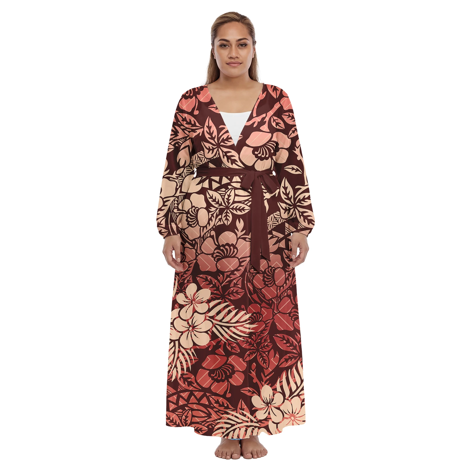 Boutique Clothes Lady Custom Pattern Cozy Polynesian Coat Smock Hawaiian Beach Cover Ups for Women Samoan Ladies Laceup Dresses