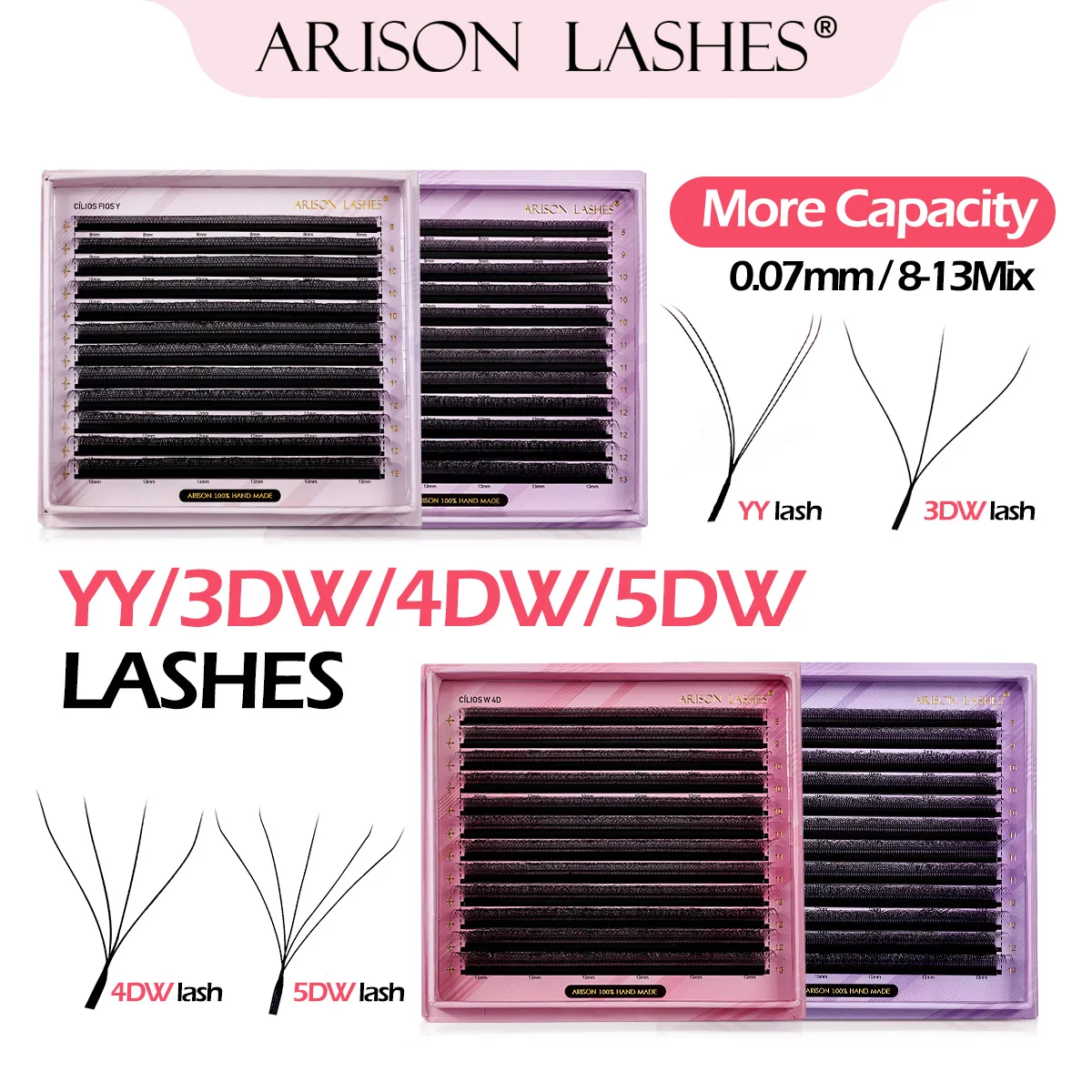 ARISON Duża pojemność 2 w 1 YY/3D/4D/5D W Lashes Premade Volume Fans Przedłużanie rzęs YY W-shape Eye Lashes Magnetic Carton