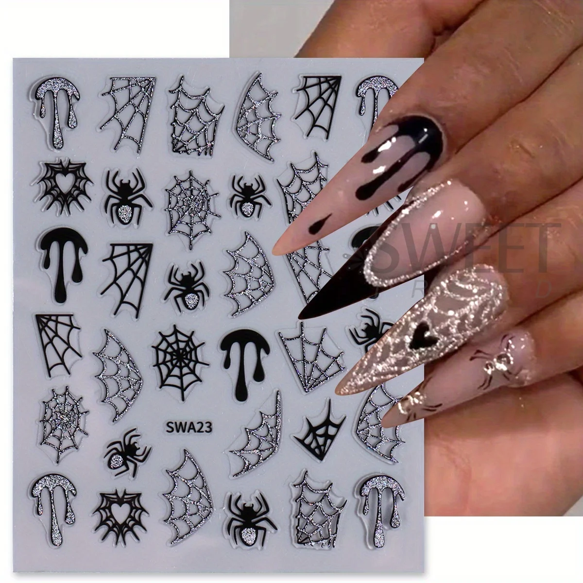 2/3 pezzi adesivi per unghie pipistrello glitter scintillanti design francese brillante ragnatela cuore decalcomanie adesive cromate decorazioni per manicure di Halloween