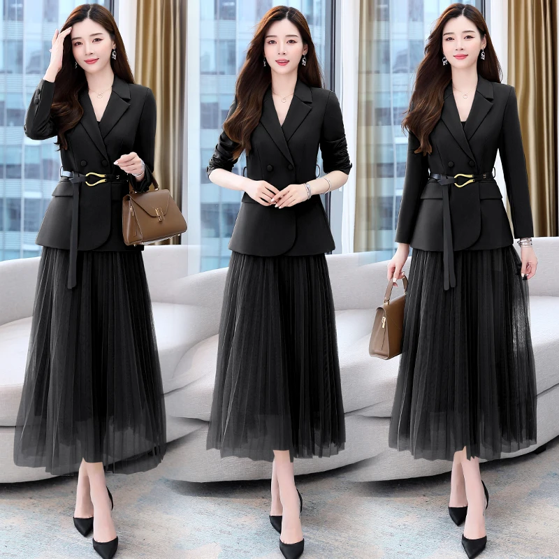 Fashion New Height Quality Korean Version Of All-Match Belt Blazer Jacket High Waist Pleated Skirt Suit Two Piece Set Female