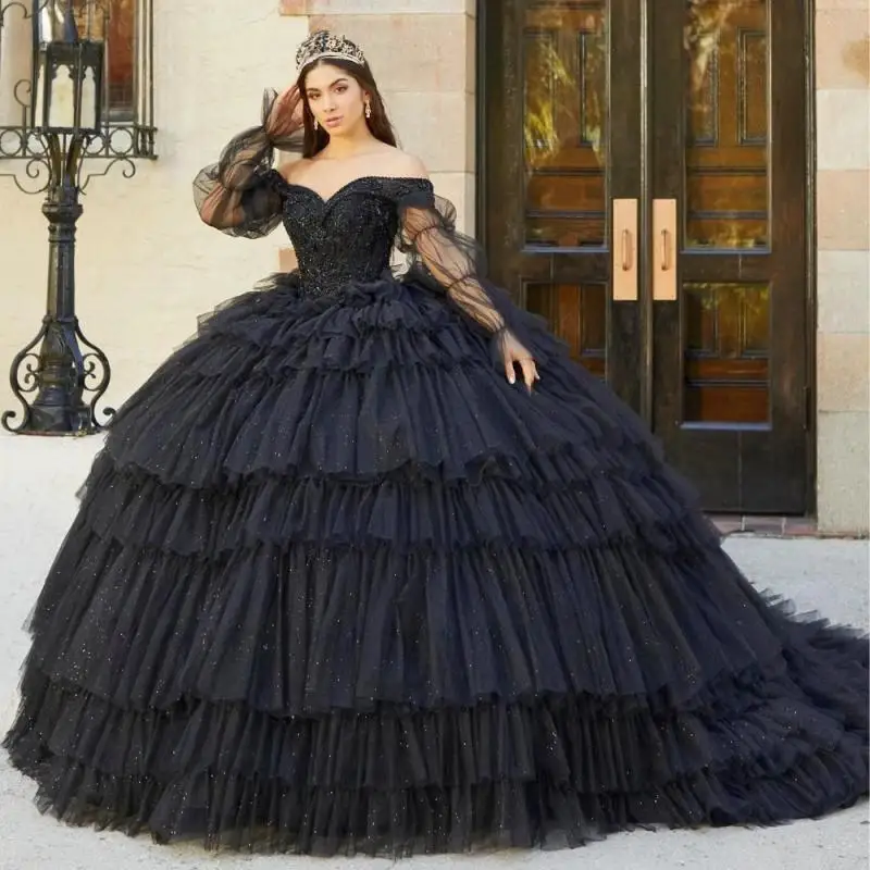 Personalizado preto princesa quinceanera vestido de baile em camadas apliques miçangas brilhante espartilho doce 16 vestido de 15 anos