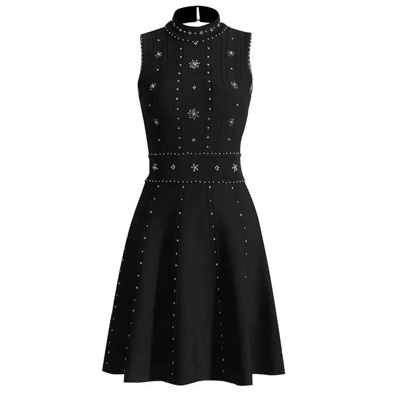 

Women's Sleeveless Heavy Beaded Black Mini Dress, Elegant Sexy Dresses