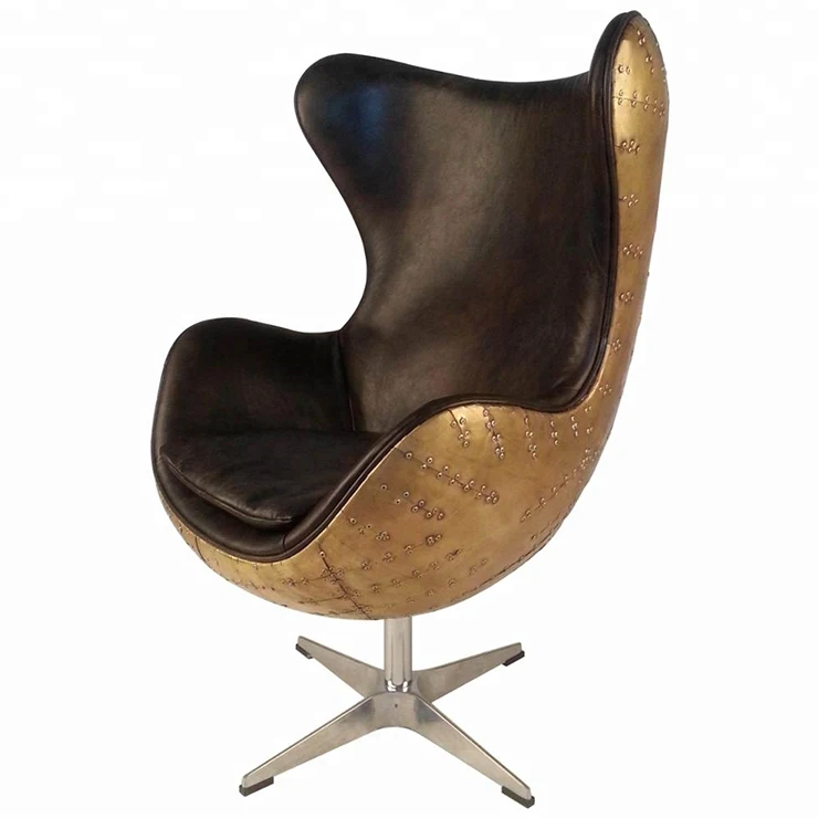 Brass Vintage Real Cowhide Leather Aviation Egg Type Chair Retro Swivel Lounge Aviator Chair