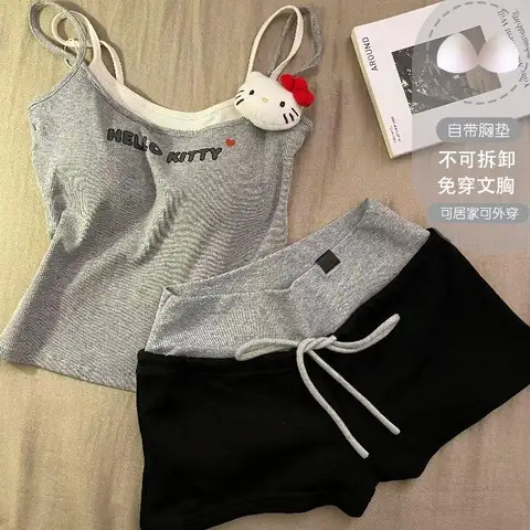 Cute Hello Kitty fake two-piece suspender shorts pajamas women's summer casual loungewear two-piece set can be worn outside
