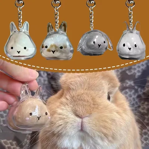 Cute Rabbit Shape Transparent Keyring Rabbit Fur Storage Box Charm Gacha Bunny Hair Keychain Storage Capsule Backpack Souvenirs