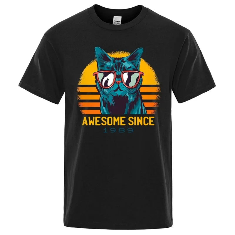 

Awesome Since 1989 Sunset Sunglasses Cool Cat Tops Man Casual Loose Tshirts Soft Summer T-Shirts Brand Mens Short Sleeve 80508