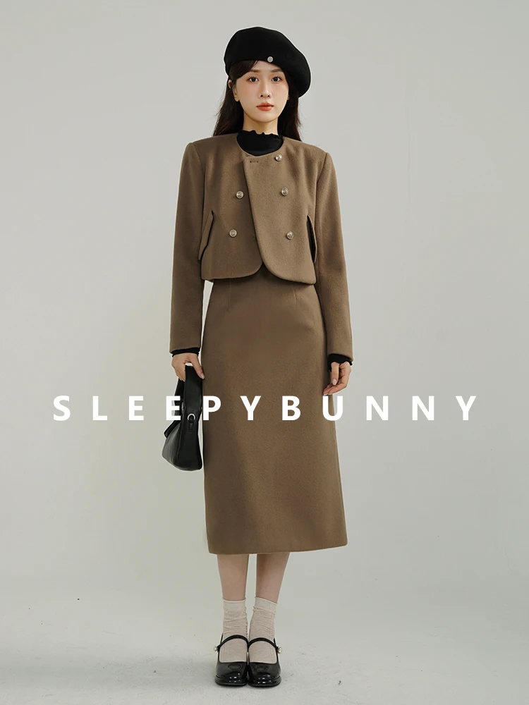 

Vintage Woolen Suit Double Breasted Short Coat with Shoulder Pads High Waist A-Line Skirt Winter Elegant Two Piece Outfit Women