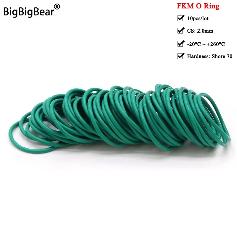 10pcs CS 2mm OD 5 ~100 mm Green FKM Fluorine Rubber O Ring Sealing Gasket Insulation Oil High Temperature Resistance Green