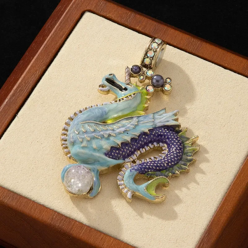 Medieval Vintage enamel dragon pendant retro style blue enamel cartoon dragon magnetic attraction medieval pendant female