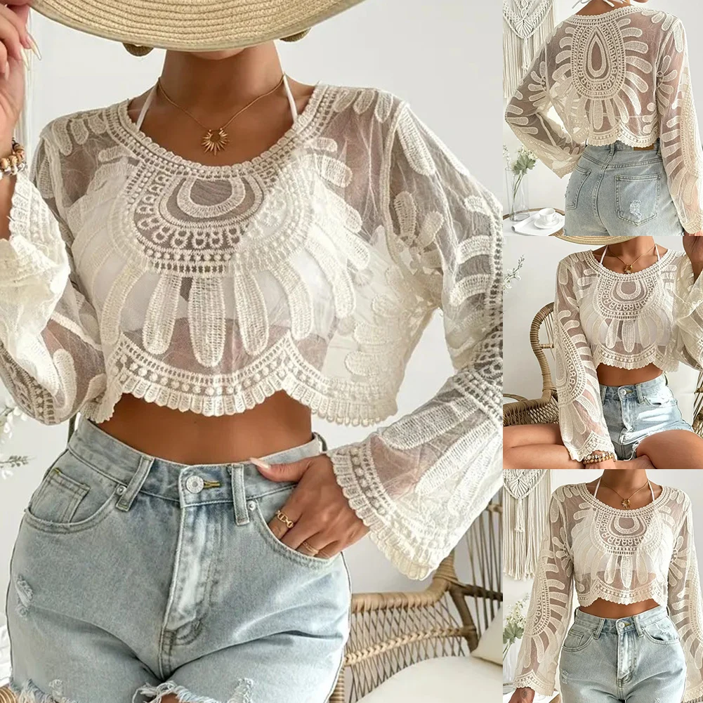 

Casual Breathable Shirt Loose Fit Shirt Sun-protective Clothing Apricot Crochet Smock Shirt Beach Wear Loose Fitting