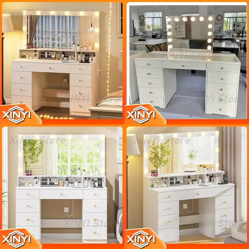 9 Drawer Lighted Mirror Vanity Desk for Makeup Dressing with Power Outlet Super Storage Space vanity table for bedroom