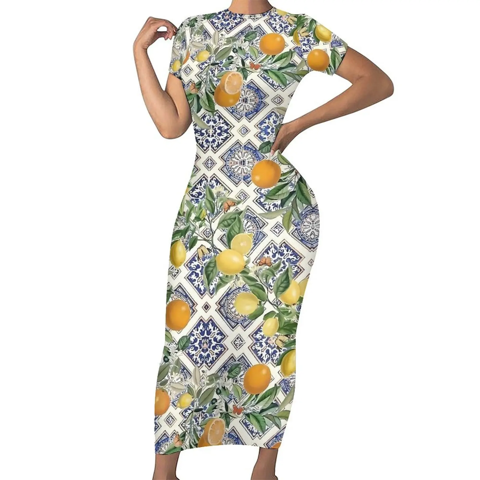 Zitronenkleid Kurzarm Fliesen und Zitrusfrucht Nachtclub Maxikleider Sommer Koreanisches Modedesign Figurbetontes Kleid Große Größe