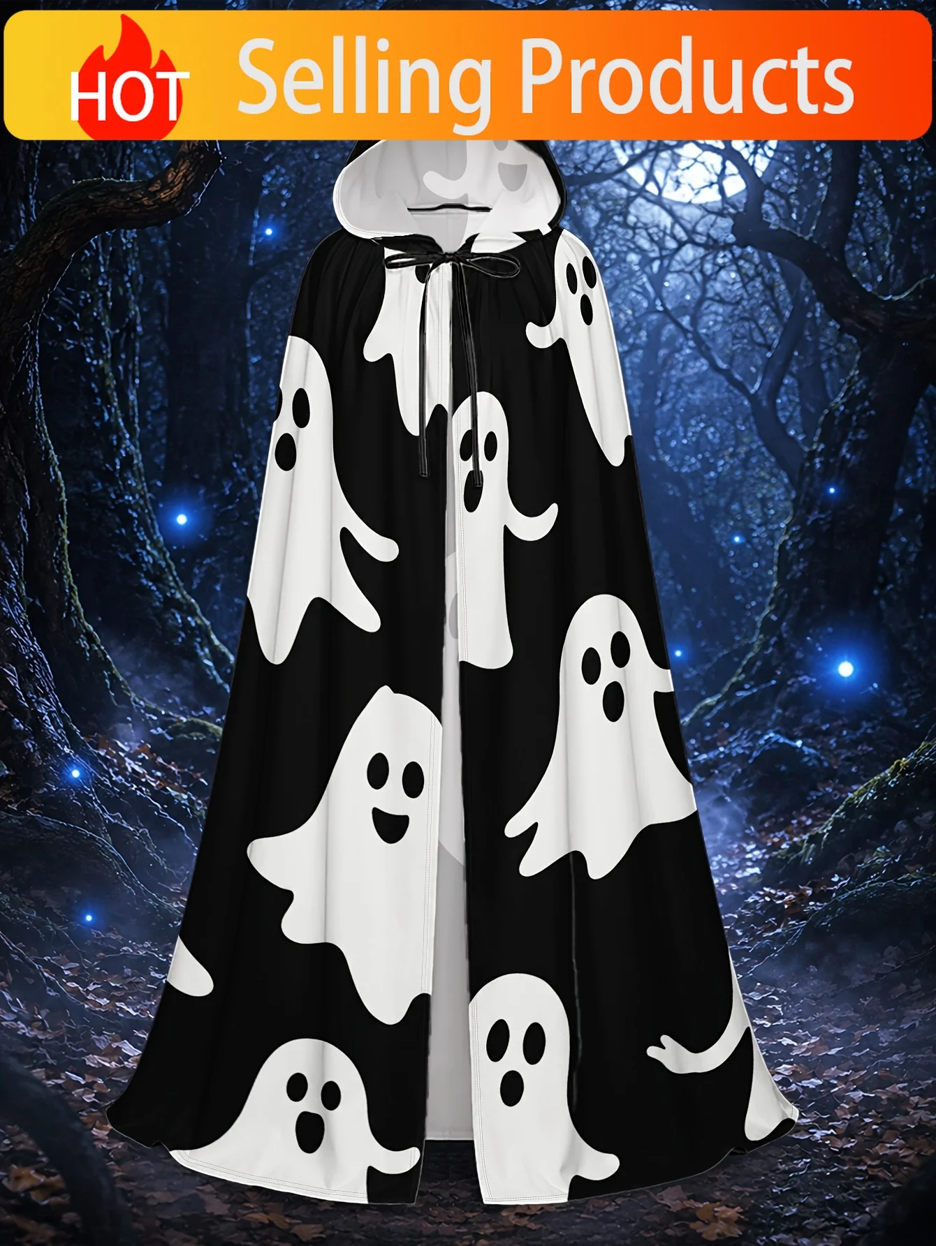 1pc Machine-Washable Polyester Witch Robe with Whimsical Ghosts on Black Print, Perfect for Halloween And Christmas Cosplay, Par