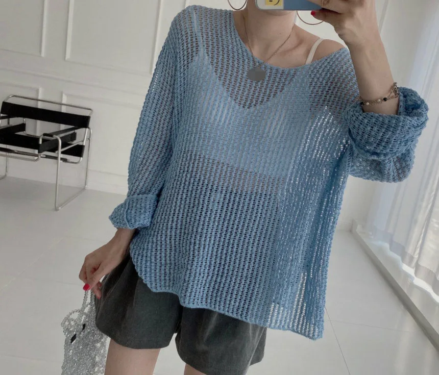 Korean Loose Knitted Top Women Thin Hollow Out Sun Protection Air Conditioning Pullover