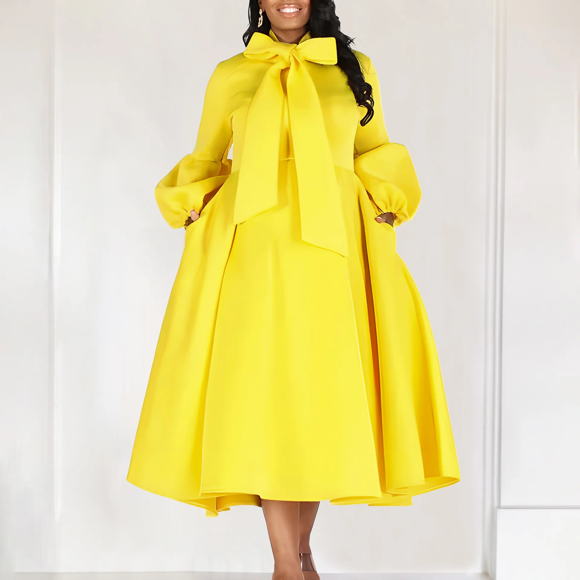 High Waist Puff Sleeve Gown Elegant Style with Medium Length Dress Pleated Skirt One Pleated Dress for Wedding Guest for Women