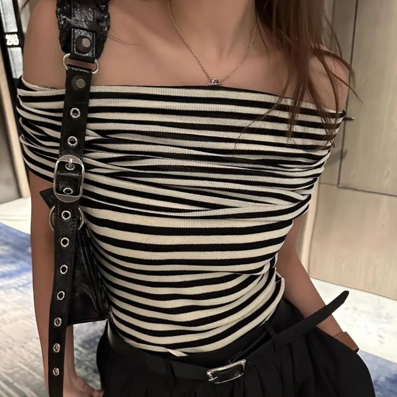

T-Shirts Women Slash Neck Off-shoulder Knitted Korean Fashion Slim Fit Striped Chic All-match Sweet Spicy Girls Summer Trendy