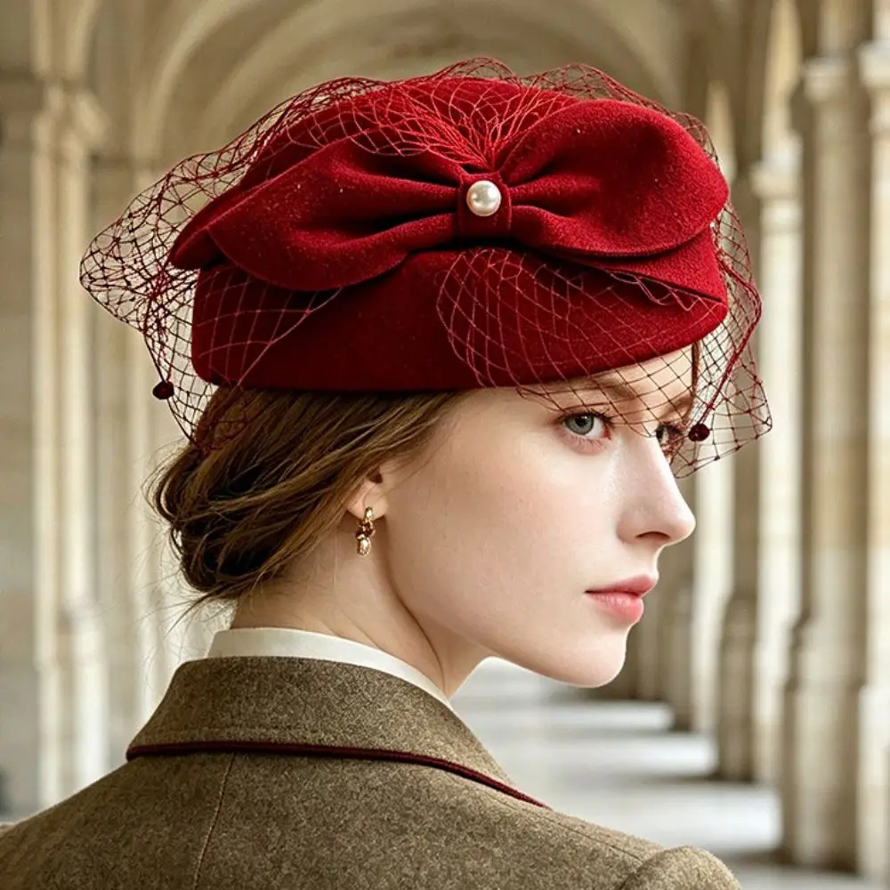French Style Bow Fedora Hat Elegant Fedoras Mesh Topper Hat Teardrop Versatile Pillbox Hat Airline Uniform