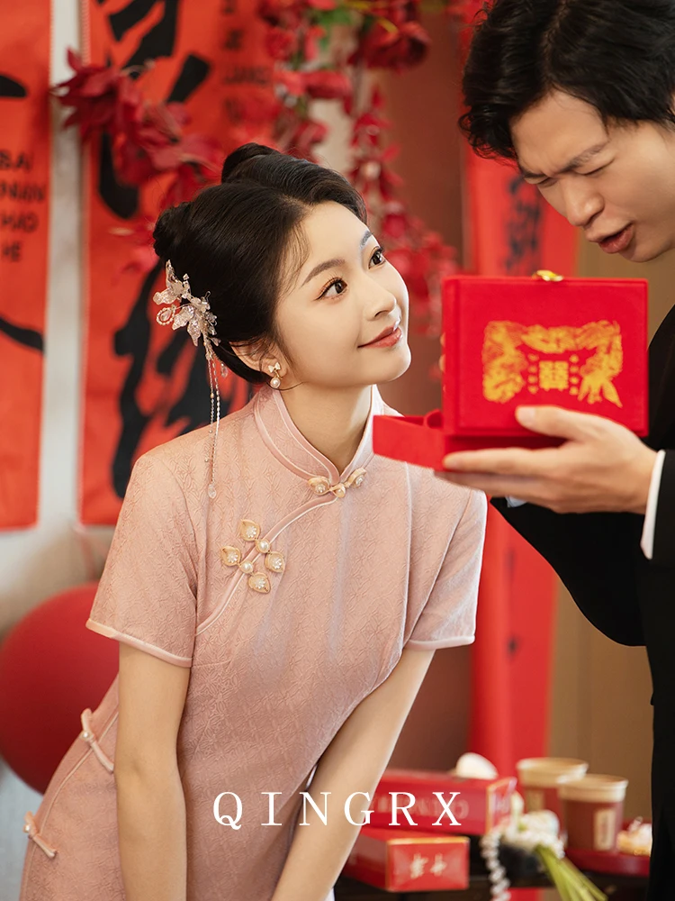 

Розовое свадебное платье для женщин, китайское платье-ципао с боковой застежкой, весеннее свадебное платье