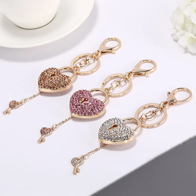 1PC Rhinestone Heart Lock Keychain with Key Sparkling Love Keyring Decoration for Bag Purse Wallet Handbags Backpack Best Gifts