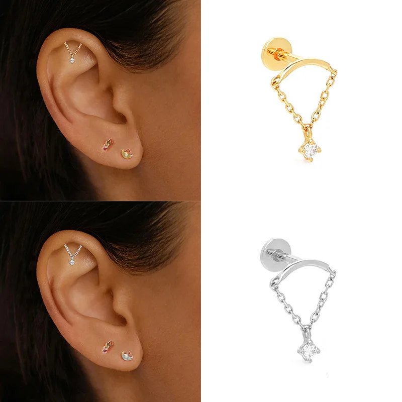 1PC G23 Titanium Hidden Helix Piercings Studs Internal Thread Crystal CZ Flower Butterfly Pendant Chain Tragus Earrings Jewelry