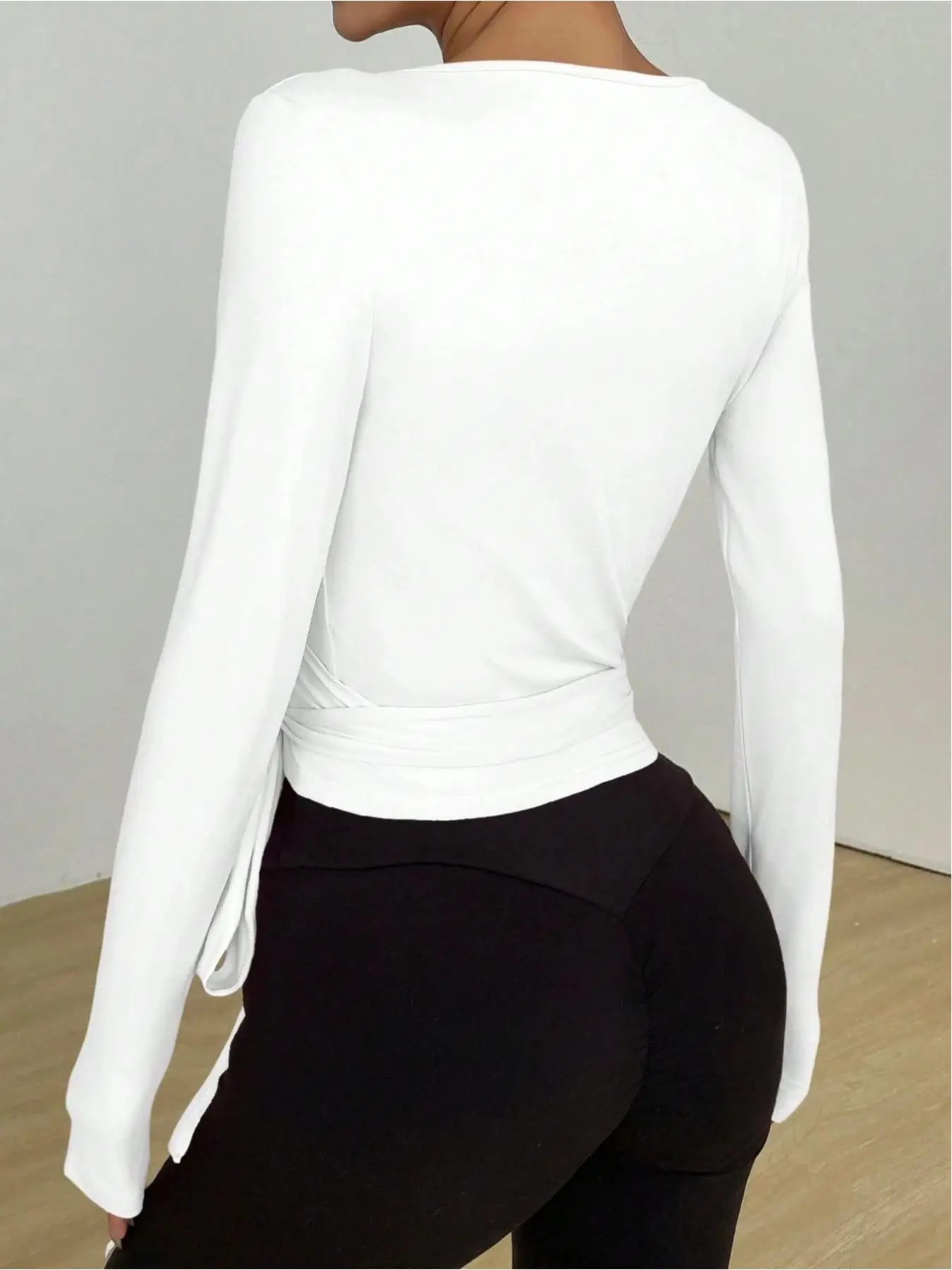 Women Deep V Wrap Front Self Tie Waist Long Sleeve Slim Fit T-Shirt 2026 Summer Solid White Elegant Casual Sleevelessless Basic