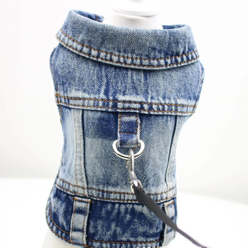 Dog Jean Jacket with Leash D Ring for Walking Denim Harness Coat Lapel Vest Cowboy Clothes Outfits for Small Medium Dogs