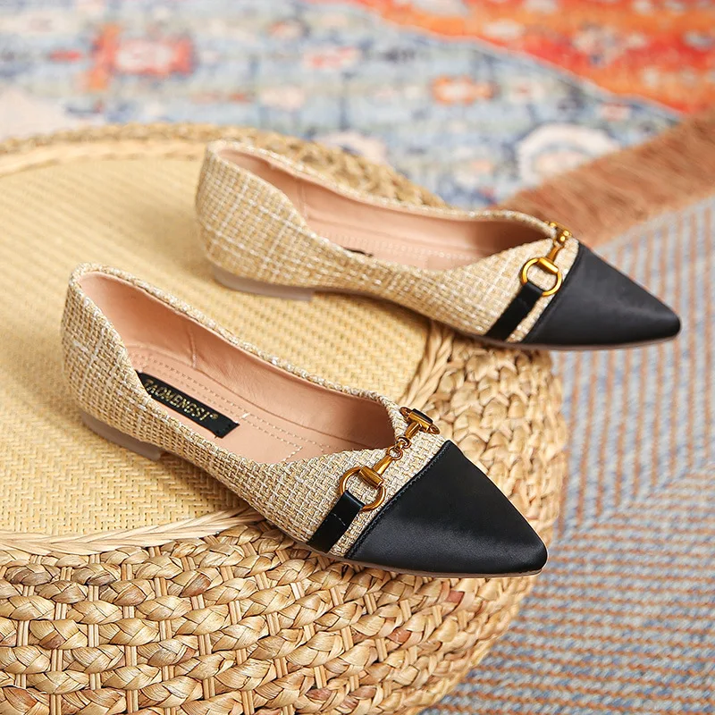 2023 New Spring and Summer Korean Version of Microfiber Pointed Flat Mouth Flat Shoes Women Low Heel Black Single Shoe Women