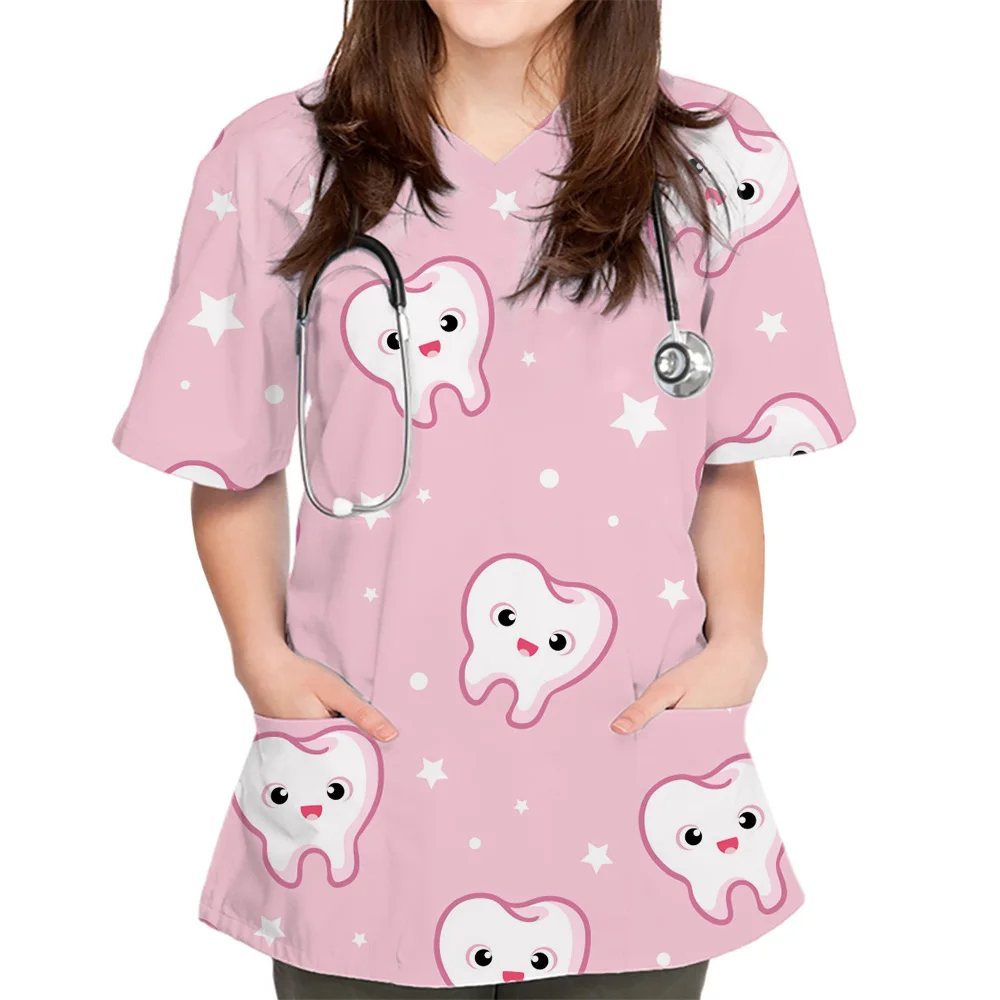 Vrouwen Tops Cartoon Print Tandarts Veterinaire Verpleegkundige Mode Nieuwe Slanke Schoonheid Scrub Kleding Spa Verpleegkundige Medisch Lab Medisch Uniform