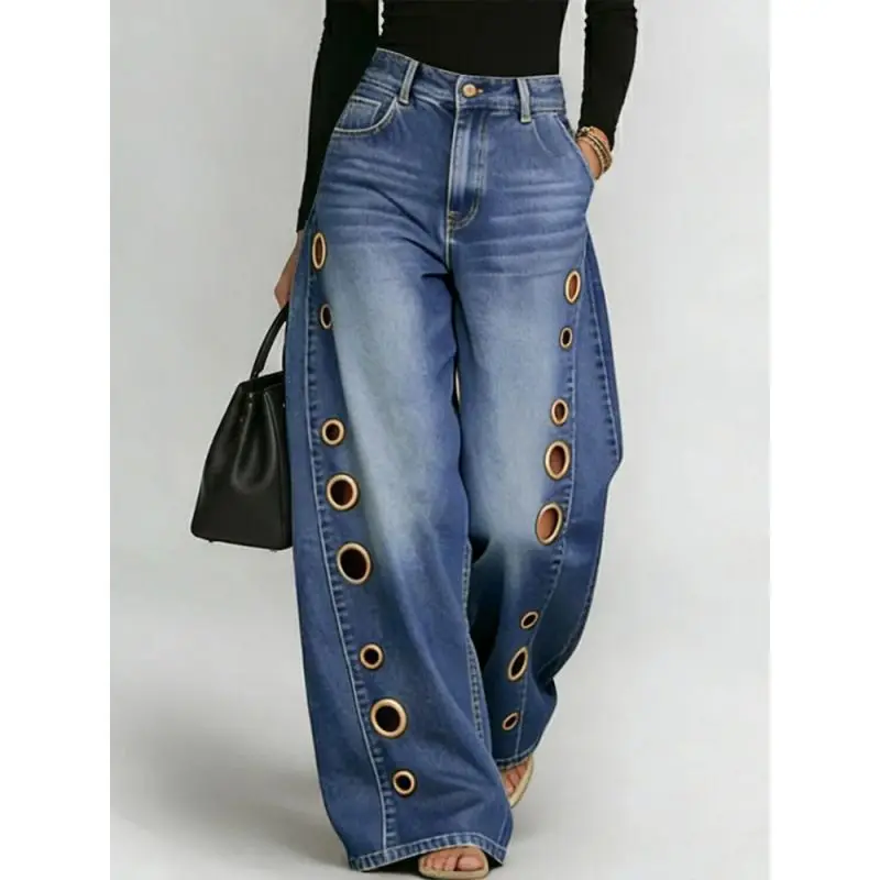 Y2K High Waist Wide Leg Jeans Women Vintage Washed Side Metal Eyelet Loose Fit Baggy Denim Pants Casual Daily Streetwear Outfit