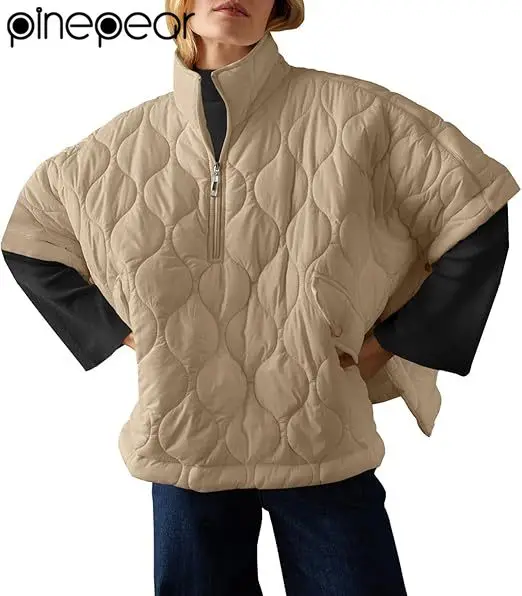 

PinePear 2026, весеннее женское пончо-пуховик, пуловер, стеганая куртка, свободное пальто с короткими рукавами и половиной молнии, накидка, верхняя одежда