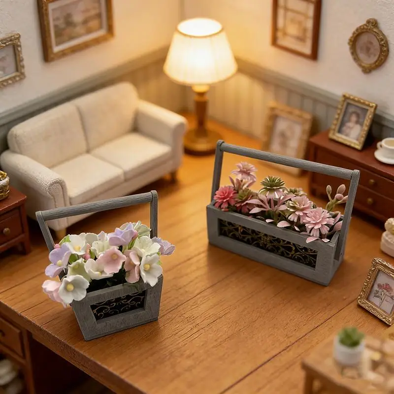 Miniature Flower Basket With Artificial Flowers Realistic 1 12 Dollhouse Decoration Ideal For Scene Photography And Collectors