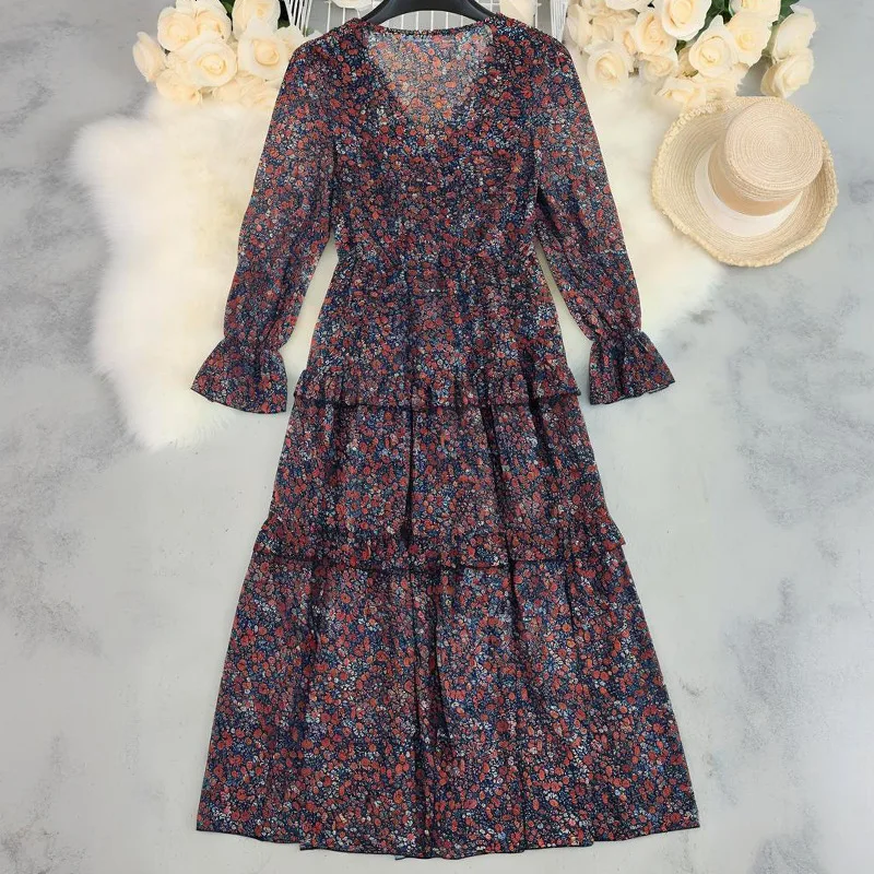 Vintage Printed Women's Dresses French Shirt Fashion A-line Summer V-neck Spring/Summer Casual Clothing Long-sleeved Women Dress