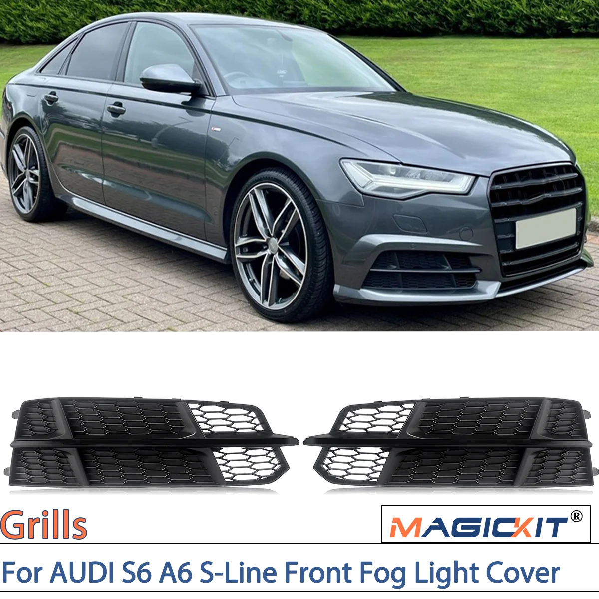 

MAGICKIT Black Front Lower Bumper Grills Fit For AUDI S6 A6 S-Line Front Fog Light Cover Honeycomb Grille 2016 2017 2018