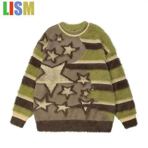 

Свитер LISM Star Design в полоску BF, шерстяной трикотаж, женский свитшот, повседневный топ, одежда Y2k, пуловер, женская зимняя одежда