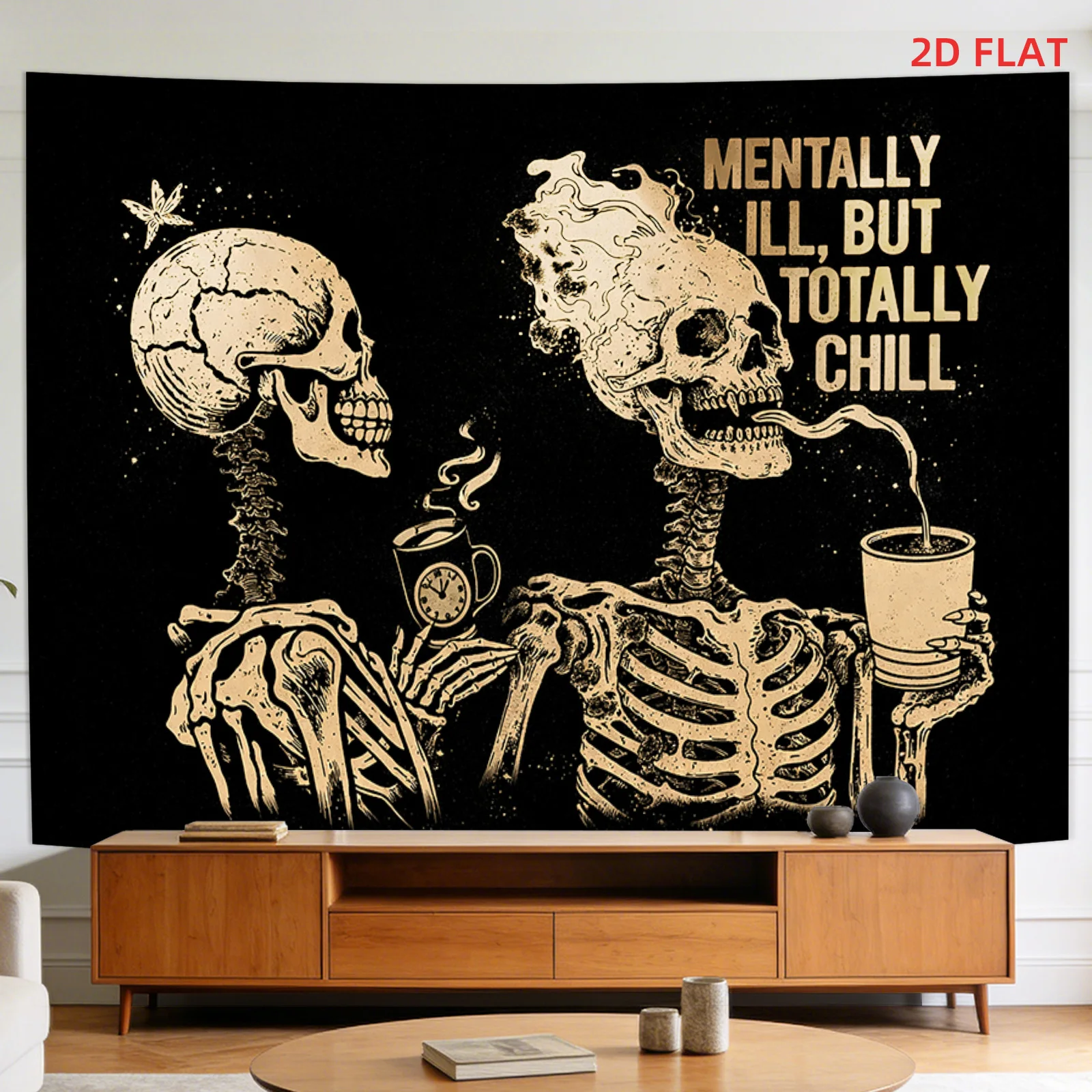 Skeleton Coffee Tapestry, Mentally Ill But Totally Chill Wall Hanging Dark Humor Skull Art Decor, Gothic Dorm Bedroom Background