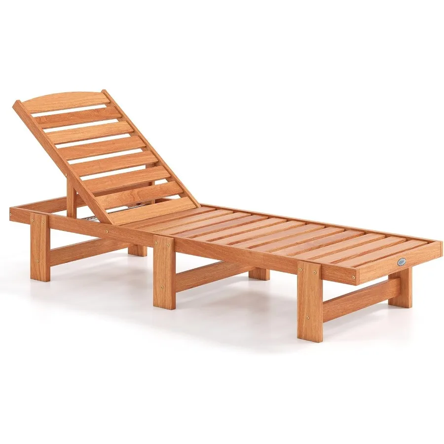 Lounge Chair Outdoor, Solid Wood Patio Chaise Lounge with 5-Level Adjustable Backrest, Wooden Slatted Beach Pool Sunbathing Rec