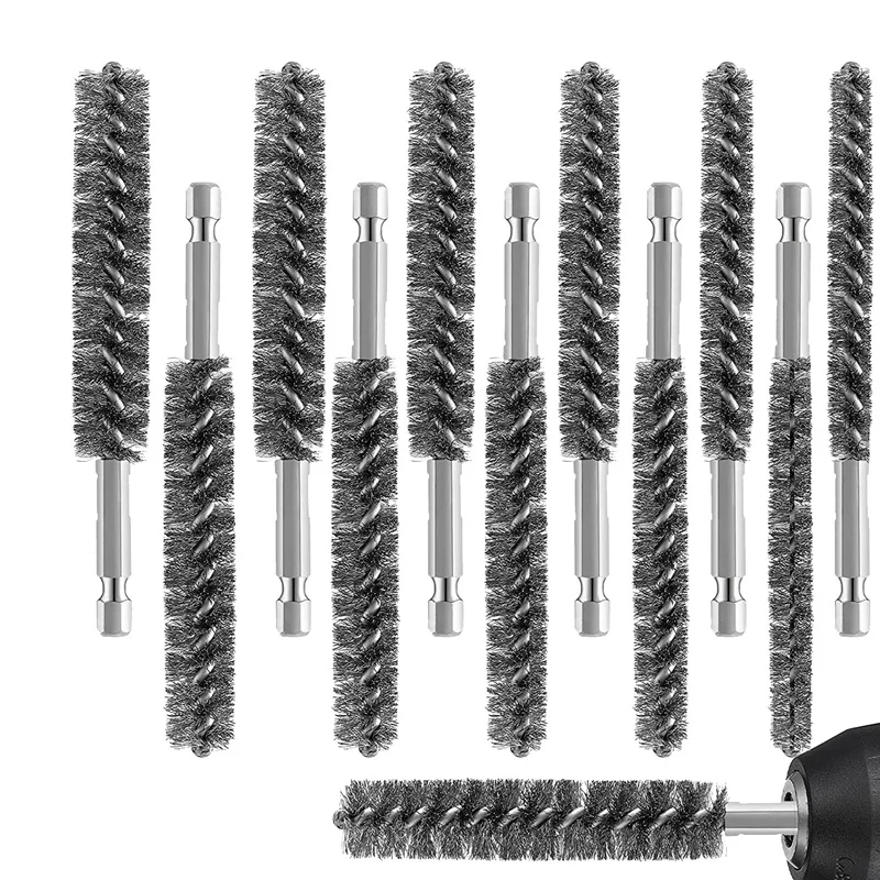 

Stainless Steel Bore Brush Stainless Steel Bristles Wire Brush For Power Drill With Hex Shank Handle 12 Pcs