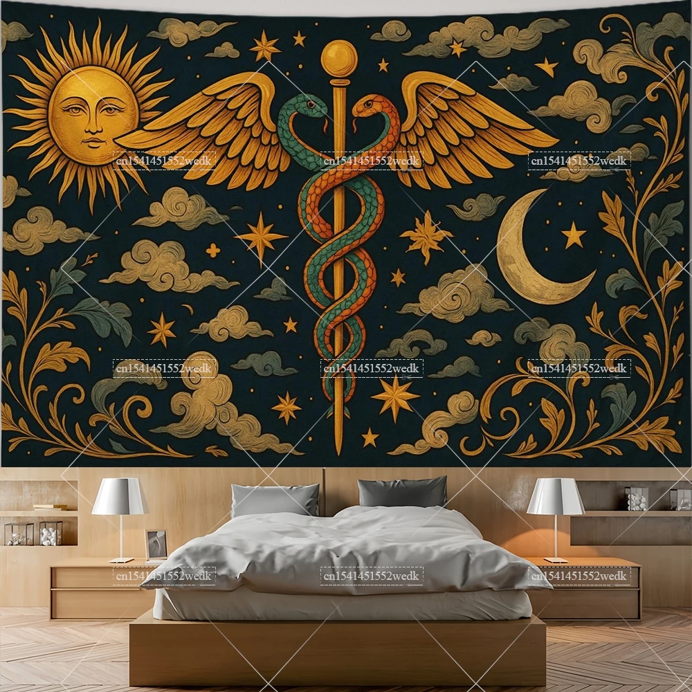 Snake And Key Tapestry Trippy Celestial Occult Moon Sun Stars Tapestries Wall Hanging Aesthetic Bedroom Decoration Wallpapers