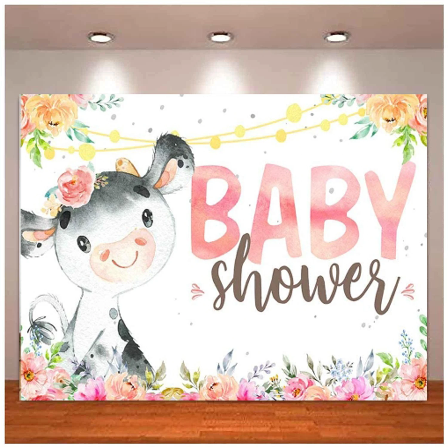 

Pink Cow Photo Studio Booth Background Props Farm Animal Floral Girl Baby Shower Party Decoration Banner Photography Backdrop