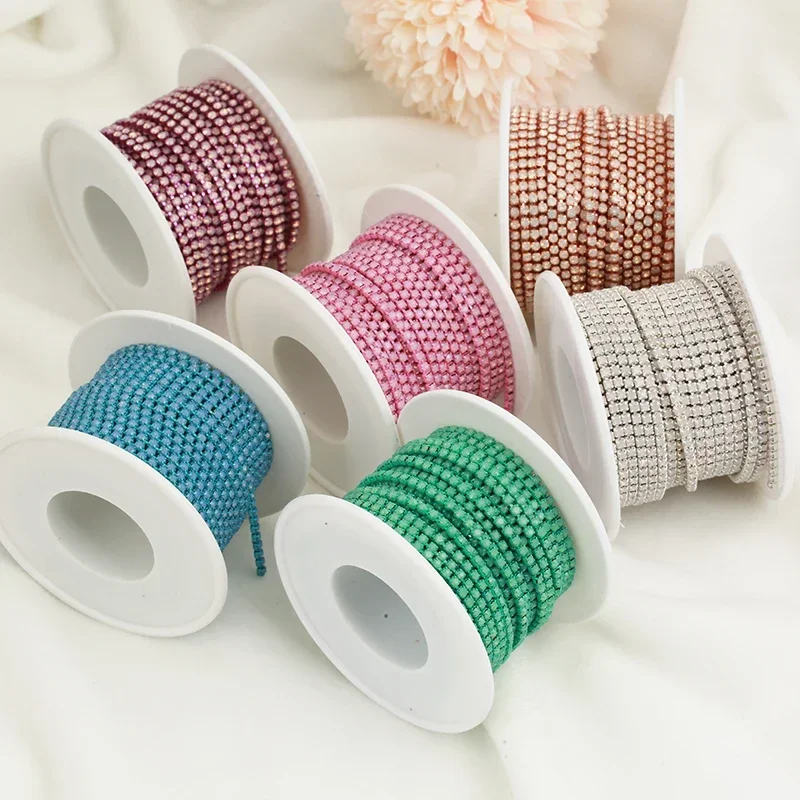 SS6 2mm 1 yard Pink /Green/Blue Opal Glass Rhinestone Cup Chain Glitter Crystal Rhinestone Trim For DIY Wedding Dress Decoration