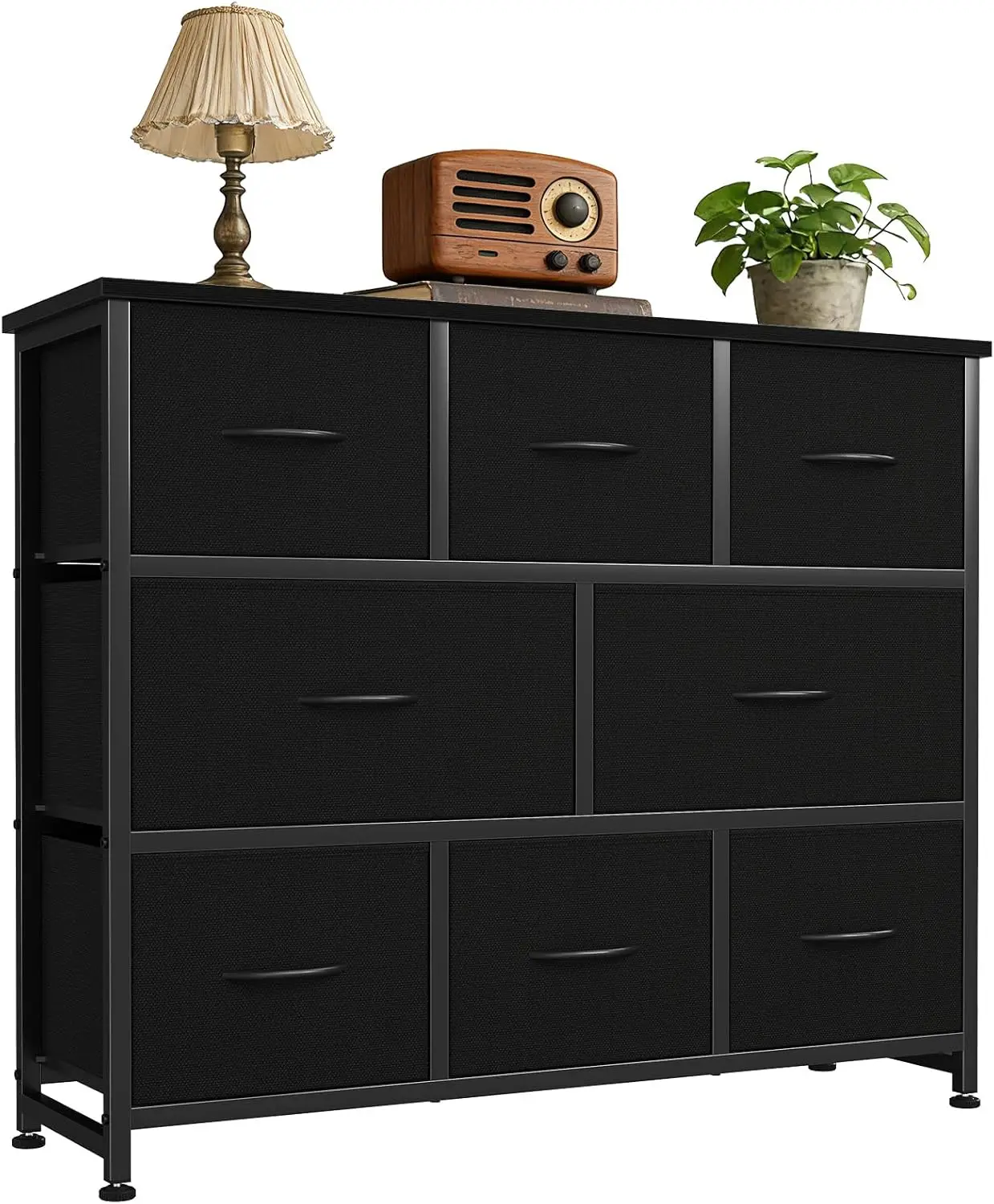 

Wide Dresser with 8 Fabric Drawers, Storage Chest for Bedroom, Living Room, Entryway, Black, Wood Top, Metal Frame