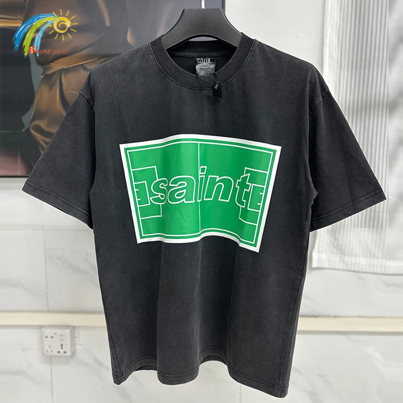 Green Football Field Print Saint T Shirt Men Women Hip Hop Vintage Washed Black Short Sleeve Top Quality 280GSM Cotton T-Shirt