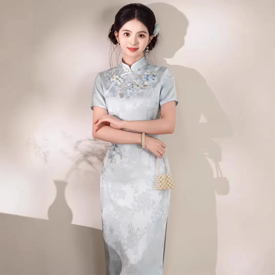 yourqipao-summer-chinese-style-blue-short-sleeved-long-qipao-embroidery-double-layer-evening-dress-cheongsam-for-women