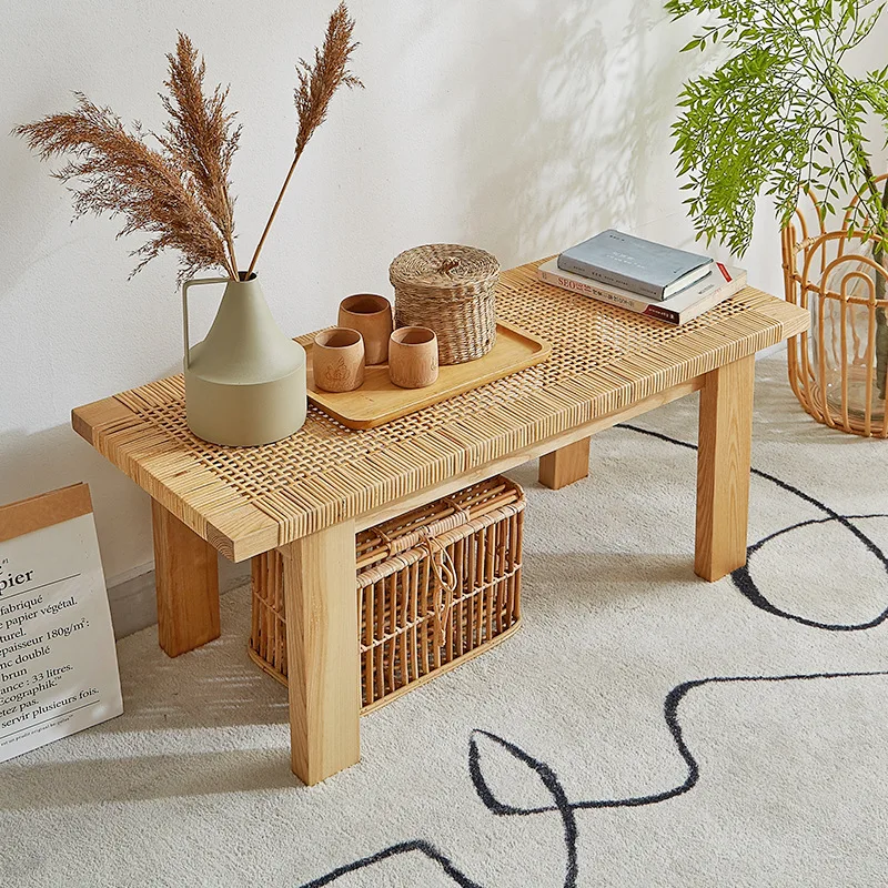 Solid wood rattan bench, shoe changing stool, rattan stool, bench, Nordic simple home bedroom, solid wood bedside stool
