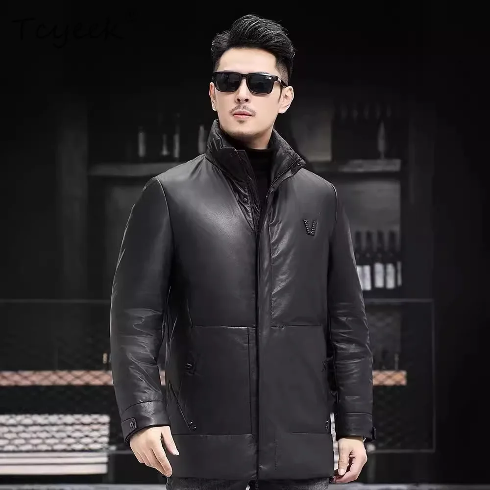 

Tcyeek Верхний слой из воловьей кожи Куртка из натуральной кожи Мужская теплая зимняя одежда Мужские пальто Новая верхняя одежда 2025 90% белый утиный пух