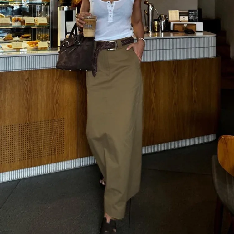 Fashion Loose Khaki Cotton Women's Skirt 2024 Casual High Waist Long Skirts Elegant Classic Solid Skirt Female Clothing Skirt