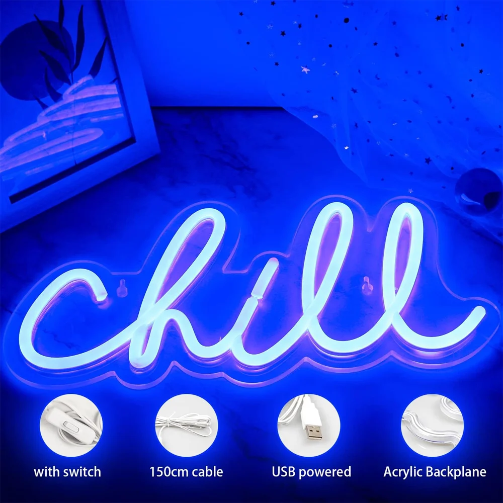 Chill Neon Sign Blue Led Sign Chill Neon Wall Sign Led Neon Sign Word Neon Light for Wall Decor Neon Light for Bedroom USB Power