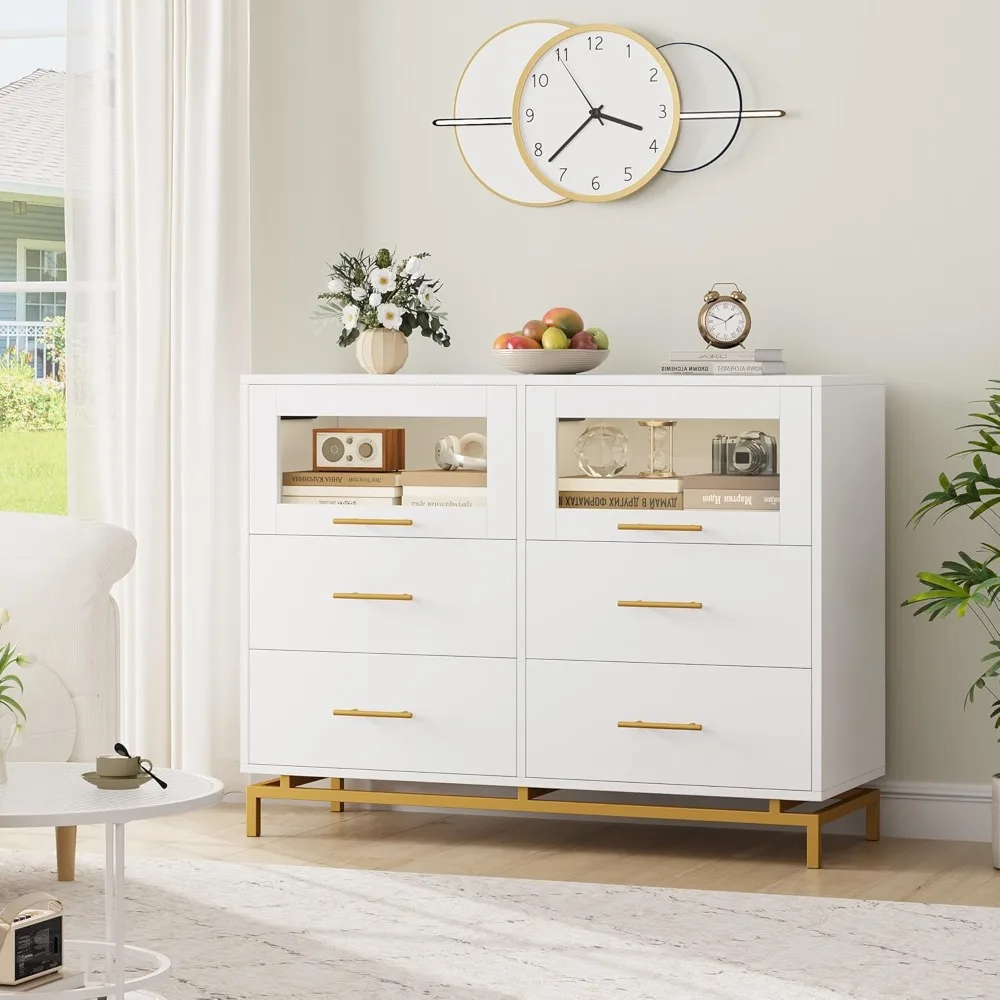 

Dresser, 6 Drawers for Bedroom with Fluted Glass Doors, Wide Wood Organizer with Sturdy Metal Base, Bedroom Dresser