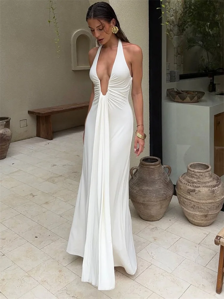 

Tossy Summer Fashion V-Neck Long Dress For Women High Waist Backless Slim Pleated Solid Elegant Party Dress Female Maxi Dress