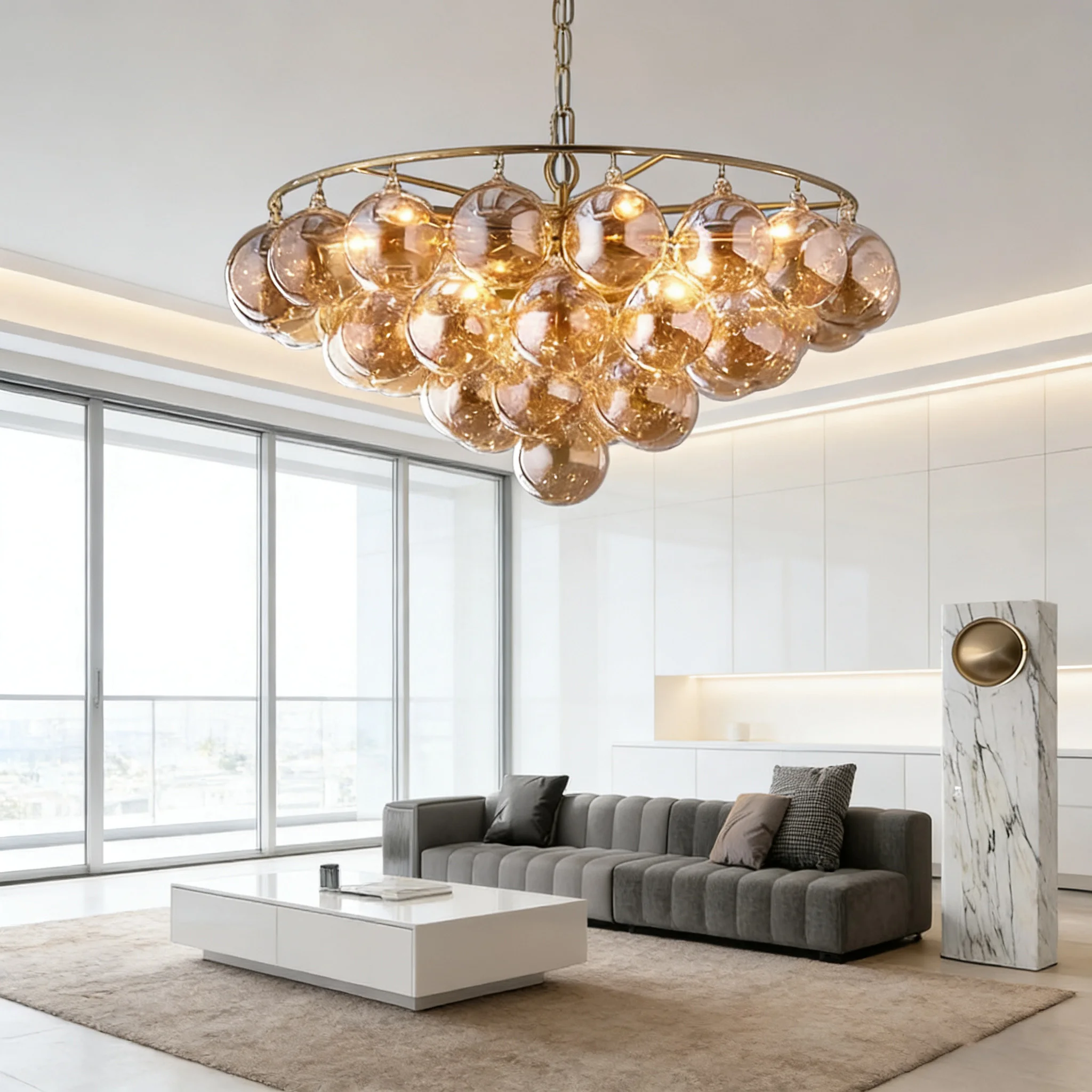 AiPaiTe French Inspired Gold Bubble Glass Lustre - Dimmable Pendant Lamp for Ceilings in Hotels, Villas